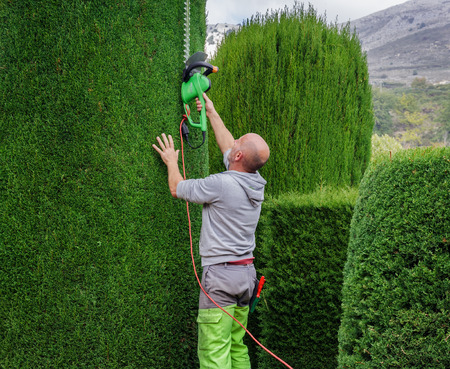 GOURDON, FRANCE - OCTOBER 31, 2014: Gardener mows bushesのeditorial素材