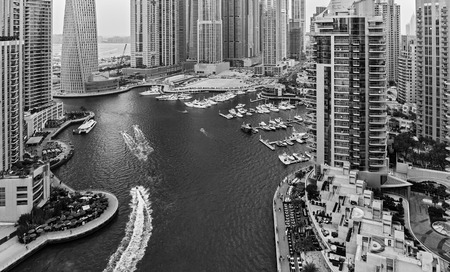 DUBAI, UAE - NOVEMBER 2: Dubai Marina at Dusk from the top, on November 2, 2013, Dubai, UAE. In the city of artificial channel length of 3 kilometers along the Persian Gulf.のeditorial素材