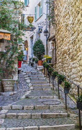 VENCE, FRANCE - OCTOBER 30, 2014: Narrow street in the old villageのeditorial素材