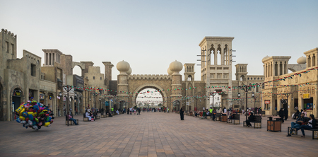 DUBAI, UAE - DECEMBER 4, 2017: Panoramic view of the central entrance to the park entertainment center Global Villageのeditorial素材