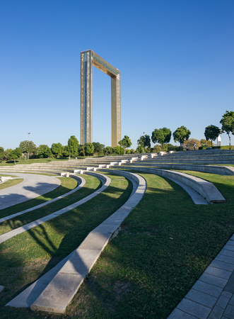 DUBAI, UAE - DECEMBER 5, 2017: Dubai Frame - best new attraction . Golden 150m hign frame will be a new landmarkのeditorial素材