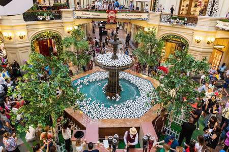 MOSCOW, RUSSIA - June 17, 2018: Interior of the State Universal Store with football symbols during the World Cupのeditorial素材