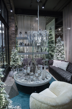 DUBAI, UAE - DECEMBER 5, 2017: Christmas room with fir-treesのeditorial素材