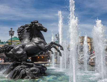 MOSCOW, RUSSIA - June 4, 2018: Fountain Four Seasons with horses on Manezh Square in Alexander Gardenのeditorial素材