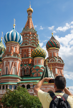 MOSCOW, RUSSIA: A man tourist  makes a selfie on Red Square