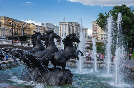 MOSCOW, RUSSIA - June 27, 2018: Fountain Four Seasons with horses on Manezh Square in Alexander Gardenのeditorial素材