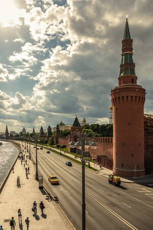 MOSCOW, RUSSIA - JUNE 3, 2018: View of the river Moscow , Kremlevskaya Embankment and towers of the Kremlinのeditorial素材