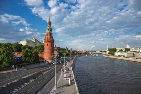 MOSCOW, RUSSIA - JUNE 3, 2018: View of the river Moscow with walking ship, Kremlevskaya Embankment and towers of the Kremlinのeditorial素材