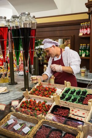 MOSCOW, RUSSIA - June 16, 2018: Juice seller in the deli number 1, State Universal Store (GUM)のeditorial素材