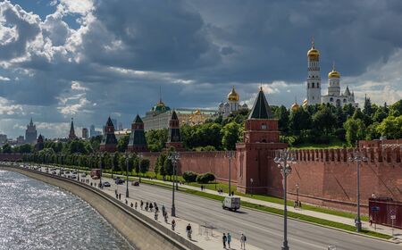 MOSCOW, RUSSIA - JUNE 3, 2018: View of the river Moscow , Kremlevskaya Embankment and towers of the Kremlinのeditorial素材