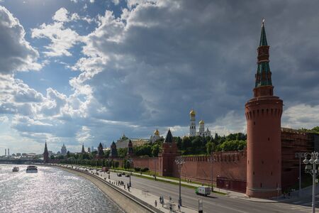 MOSCOW, RUSSIA - JUNE 3, 2018: View of the river Moscow , Kremlevskaya Embankment and towers of the Kremlinのeditorial素材
