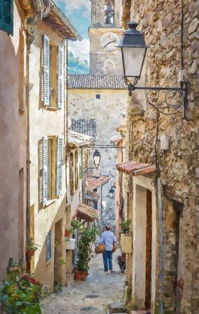 Narrow cobbled streets in the old village Lyuseram, France. Digital illustration in watercolor  painting styleの写真素材