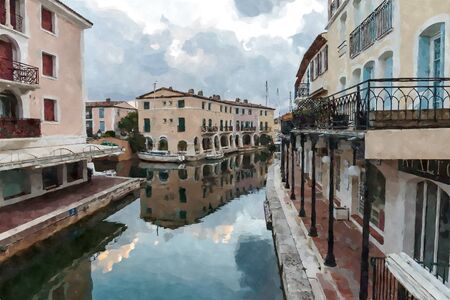 Street canals in Port Grimaud, France. Digital illustration in watercolor  painting styleの写真素材