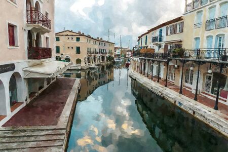 Street canals in Port Grimaud, France. Digital illustration in watercolor  painting styleの写真素材