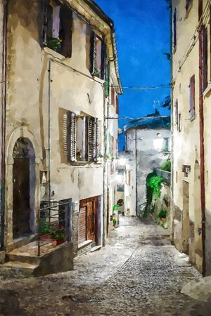 Street in the old town in Italy at night. Digital illustration in watercolor painting styleの写真素材