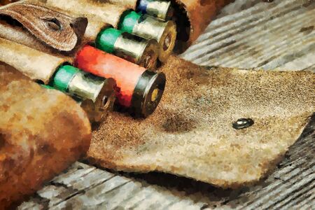 Old hunting cartridges and bandoleer. Computer graphics - oil painting styleの写真素材