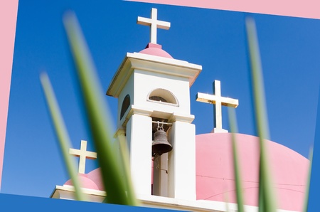 Pink domes and golden crosses on Greek Orthodox Church of the Seven Apostles in Capernaumの写真素材
