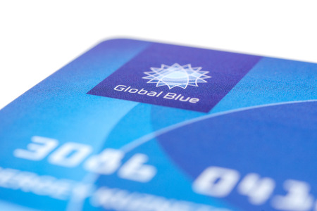MUNICH, GERMANY - FEBRUARY 20, 2014  Close up logo of tax free company  Global Blue  on plastic card  Isolated on white のeditorial素材