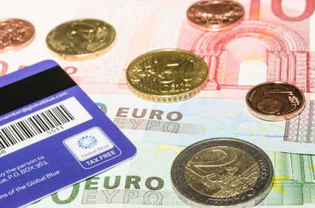 MUNICH, GERMANY - FEBRUARY 24, 2014: Magnetic stripe card from Global Blue company on European currency.のeditorial素材