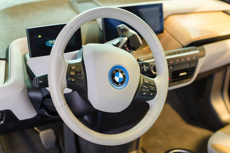 MUNICH, GERMANY - AUGUST 8, 2014: White design interior of environmentally friendly full-time electric car BMW i3.のeditorial素材