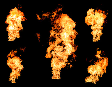 Blazing fire raging flame of burning gas or oil photo set isolated on black backgroundの写真素材