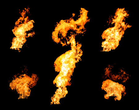 Collection of gas flare spurts of fire raging flame isolated on black photo setの写真素材