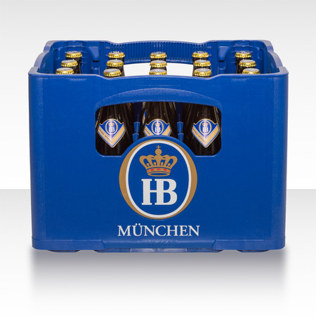Munich, Germany - June 10, 2016: Plastic crate box case of traditional classic German beer from Bavarian brewery HB Munich.のeditorial素材