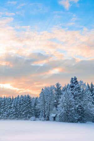 Vertical scenery of frozen forest in rural Bavarian region Allgaeu with snow-covered tiny wooden church under morning dawn sky.の写真素材