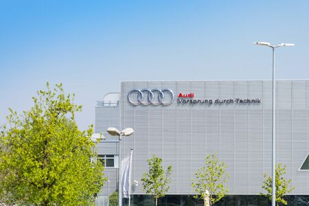 Munich, Germany - May 6, 2016: New modern building of Audi Training Center with German inscription "Advantage through technology"のeditorial素材