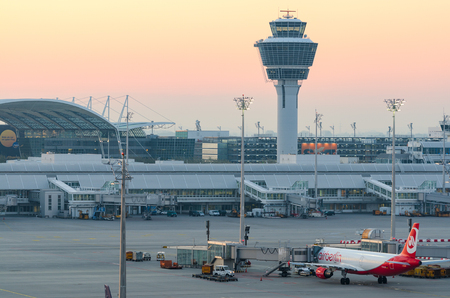 Munich, Germany - May 6, 2016: Sunrise over Munich international airport Franz Josef Straussのeditorial素材