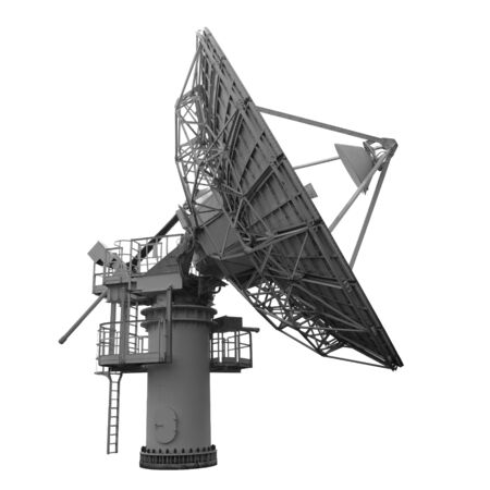 Parabolic dish antenna for satellite communications and telecommunications side view isolated on whiteの写真素材