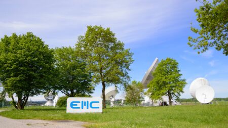 Raisting, Germany - May 21, 2016: EMC GmbH telecommunications company in Raisting satellite ground...