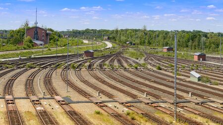 Freight railway yard with many tracks and operations control tower in north of Munichの写真素材