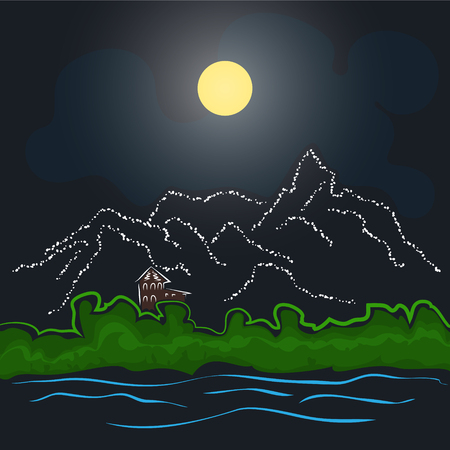 house by the river and mountains in the background of the night skyのイラスト素材