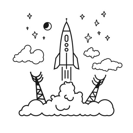 Start of the Rocket from the spaceport to stars and planets and clouds, raising puffs of smoke, vector illustrationのイラスト素材