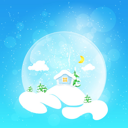 Christmas design. The little house with the moon and clouds and fir tree in snow globe on a bright defocused background with glittering lights and snowflakes, vector illustrationのイラスト素材
