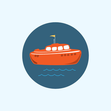 Round icon with colored boat ,waves and a flag, vector illustrationのイラスト素材