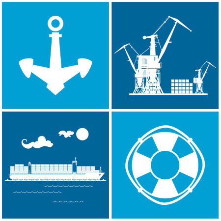 Set of maritime icons for web design. Icons cargo container ship, anchor, lifebuoy and cranes, cranes unload containers, vector illustrationのイラスト素材