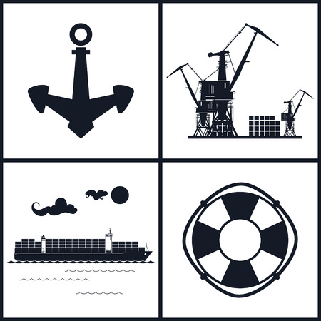 Set of maritime icons for web design. Icons cargo container ship, anchor, lifebuoy and cranes, cranes unload containers, vector illustrationのイラスト素材