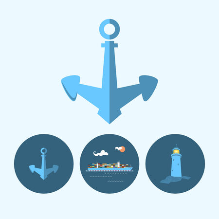 Anchor. Set with 3 round colorful icons, multicoloured anchor, lighthouse and cargo container ship ,logistic icons, vector illustrationのイラスト素材