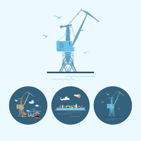 Crane in dock. Set with 3 round colorful icons, multicoloured crane , crane unloads containers from cargo container ship and cargo container ship ,logistic icons, vector illustrationのイラスト素材