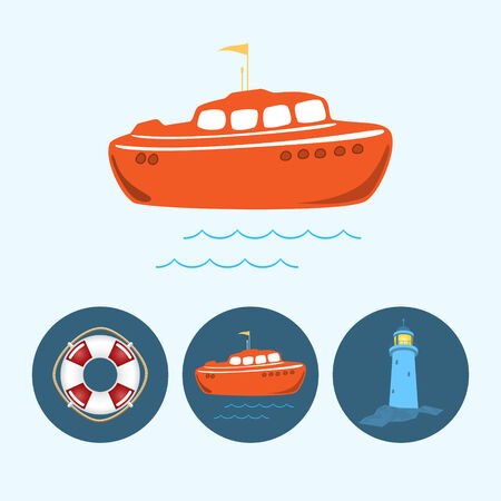 Colored boat. Set with 3 round colorful icons, orange boat with a flag and waves, life buoy , lighthouse,  vector illustrationのイラスト素材