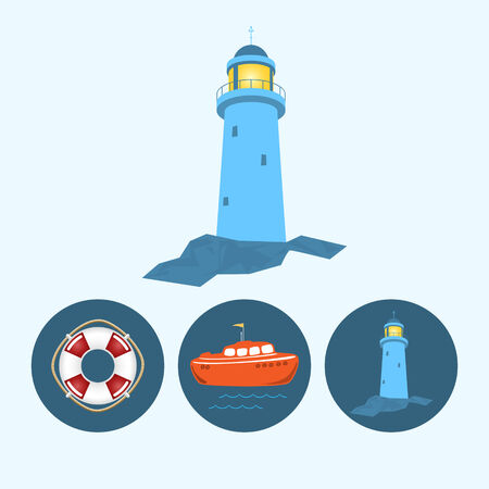 Lighthouse. Set with 3 round colorful icons, orange boat with a flag and waves, lifebuoy , lighthouse,  vector illustrationのイラスト素材