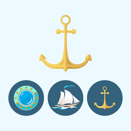 Anchor. Set with 3 round colorful icons, sailboat in the waves with a flag, anchor , porthole,  vector illustrationのイラスト素材