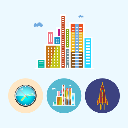 Modern buildings. Set with 3 round colorful icons, wall clock, colored watch , modern buildings , business center, rocket,vector illustrationのイラスト素材
