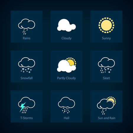 Set of weather symbols, icon rains, icon cloudy,  icon sunny,  icon snowfall , icon  partly cloudy , icon sleet ,  icon t-storms , icon hail , icon sun and rain , vector illustrationのイラスト素材