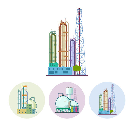 Set of three round colorful icons  chemical plants. Icon of a chemical plant or refinery processing of natural resources, or a plant for the manufacture of products. Chemical factory silhouette for industrial and technology design ,  vector illustrationのイラスト素材