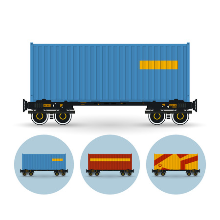 Container platform for transportation of containers by rail. Set of three round colorful icons container platform,  vector illustrationのイラスト素材