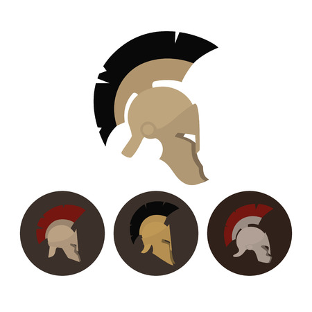 Colored antique  Roman or Greek helmets for head protection soldiers with a crest of feathers or horsehair with slits for the eyes and mouth, vector illustrationのイラスト素材