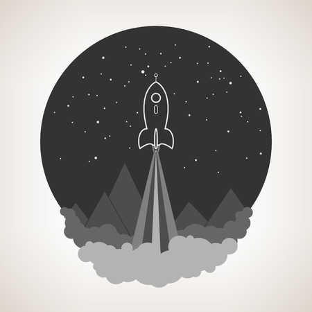 Spaceship on a background of the starry sky and the mountains, spacecraft flying in space, launch space rocket ,vector illustrationのイラスト素材